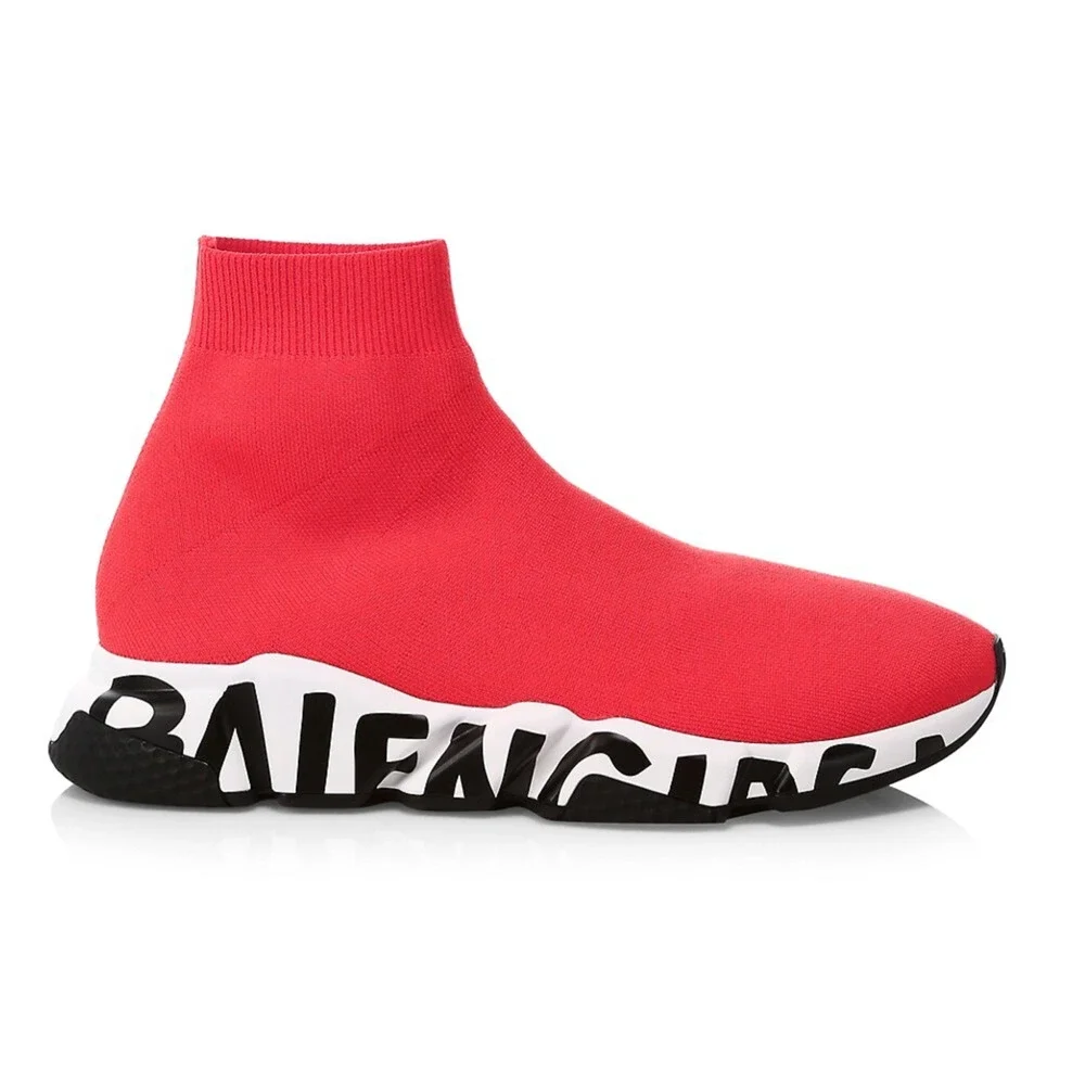 Balenciaga Speed LT Graffiti Sock Red Black White Logo High Top Sneaker 42 9 - Picture 1 of 7